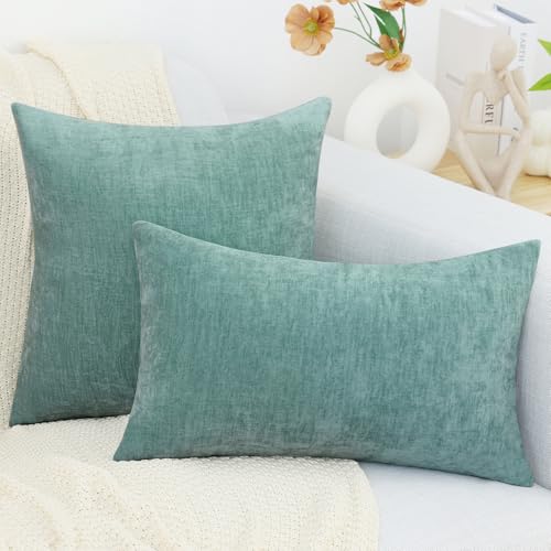 decorUhome Chenille Aqua Haze Throw Pillow Covers 18x18 Inch Set of 2, Decorative Soft Couch Pillow Covers Solid Dyed Accent Velvet Farmhouse Neutral Square Pillow Cases for Sofa Bed Living Room | Decorative Fall Couch Pillow Covers Solid Dyed Accent Mode