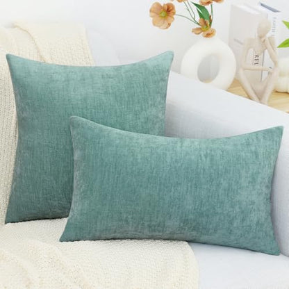 decorUhome Chenille Aqua Haze Throw Pillow Covers 18x18 Inch Set of 2, Decorative Soft Couch Pillow Covers Solid Dyed Accent Velvet Farmhouse Neutral Square Pillow Cases for Sofa Bed Living Room | Decorative Fall Couch Pillow Covers Solid Dyed Accent Mode