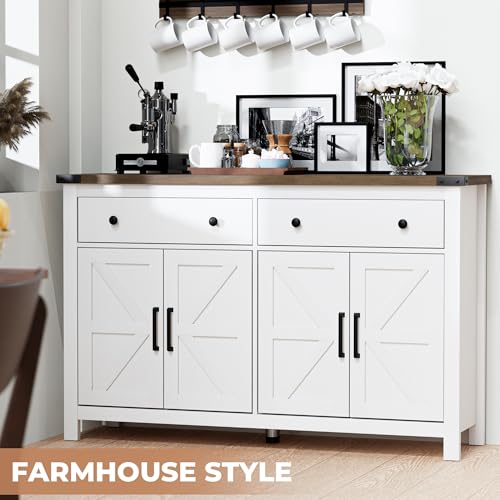 VVFLU 55" Modern Farmhouse Buffet Cabinet with Storage, Coffee Bar Cabinet with 2 Drawers and 4 Barn Doors, Sideboard Storage Cabinet for Kitchen, Dining Room, Living Room, White Wood - color: White/Wood, size: 15.7"D x 55.1"W x 35.4"H