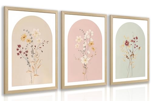 LERVR Wood Framed Botanical Wall Art Set of 3, Vintage Wildflower Canvas Print, Neutral Minimalist Floral Wall Decor, Rustic Farmhouse Botanical Artwork for Living Room Bedroom Bathroom 12x16 Inch - color: ColorWildflower, size: 16"L x 12"W