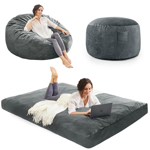 Bean Bag Chairs for Adults - Giant Bean Bag Convertible Floor Sofa | 3 IN 1 Lounger Couch Sofa, Memory Foam Filling, Removable Velvet Cover, Machine Washable, Bedroom Living Room, Youth Charcoal - color: Charcoal, size: Youth