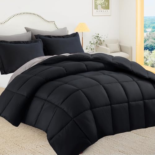 King Size Comforter Set, Reversible 3 Pieces Lightweight Soft Bedding Set for All Season, Premium Bed in a Bag Includes 1 Comforter (106"x90") and 2 Pillowcase (20"x36") - color: Black-3pcs Comforter Set, size: King