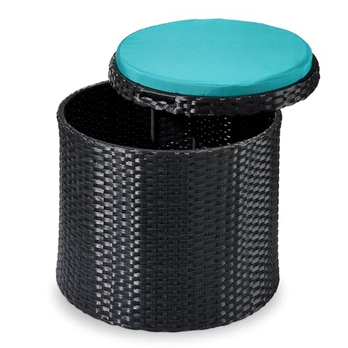 Best Choice Products Round Wicker Ottoman, Multipurpose Outdoor Furniture for Patio, Backyard, Additional Seating, Footrest, Side Table w/Storage, Removable Cushions – Black/Teal - color: Black/Teal
