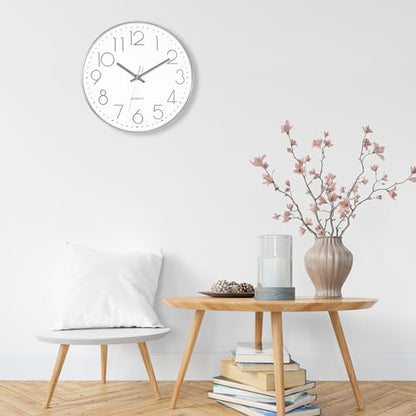 Foxtop Large 14" Wall Clock Silent Battery Operated Clock, Silver | Non-Ticking, Round, Analog Clock, Quartz, Easy to Read, Living Room, Bedroom, Kitchen, Office - color: Silver, size: 14 Inch Quartz