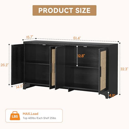 Rattan Sideboard Cabinet, 4-Door Buffet Storage for Entryway Living Room | Adjustable shelves and compartments organize shoes, decor, tableware, and essentials for apartments, homes, & family spaces.