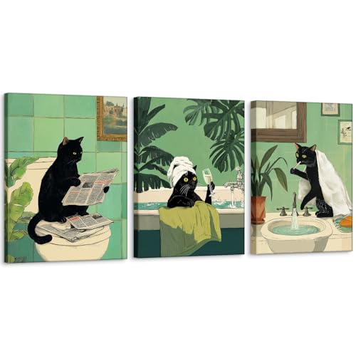 Zessonic Funny Black Cat Bathroom Cute Animal Canvas Wall Art,12"x16"x3 | Cute Animal Print for Washroom Toilet Reading Newspaper Humor Whimsical Quirky Funny Animal Room Bathroom Decor,Ready to Hang - color: Black Cat, size: 12" x 16"x3