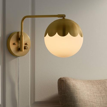 Camila 8 1/4" Brass and Glass Globe Plug-In Modern Wall Lamp Light Fixture | Indoor Swing Arm Antique Metal Dimmable Shade for Bedroom Bedside House Reading Living Room Hallway Dining - color: Brass - Single