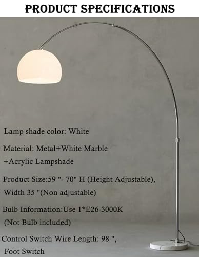 Mid Century Modern White Arc Floor Lamp for Living Room and Bedroom | 9.84 In Globe Acrylic Lampshade,Marble Base,59-70 In Adjustable Height,3000K Warm Light,Foot Switch Control,Couch Lamp - color: White-Acrylic