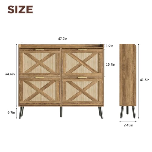 Maupvit Large Shoe Storage Cabinet with 4 Flip Drawers, Narrow Shoe Cabinet for Entryway with Wooden Legs, Freestanding Hidden Shoe Rack Organizer ＆ Metal Hinges, Rustic Oak Rattan - color: Rustic Oak Rattan, style: 4-Drawers