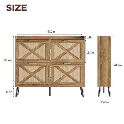 Maupvit Large Shoe Storage Cabinet with 4 Flip Drawers, Narrow Shoe Cabinet for Entryway with Wooden Legs, Freestanding Hidden Shoe Rack Organizer ＆ Metal Hinges, Rustic Oak Rattan - color: Rustic Oak Rattan, style: 4-Drawers