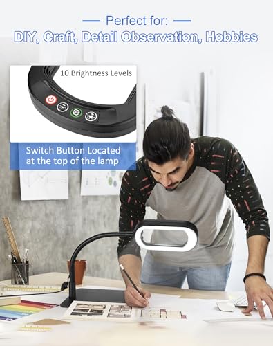 IVMAIE 12X Magnifying Glass with Light and Stand, Rectangular Glass Lens | 5 Color Modes LED Dimmable Lighted Desk Lamp, Flexible Gooseneck Hands Free Magnifier for Reading Crafts Repair Close Work - color: Black