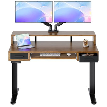HUANUO 48″ x 26″ Electric Standing Desk with 2 Drawers &24.4″ Large Keyboard Tray, C-Clamp Mount Compatible, Adjustable Computer Desk for Office, Sit Stand Up Desk with 4 Height Presets, Deep Walnut - color: Deep Walnut, size: 48*26 inch