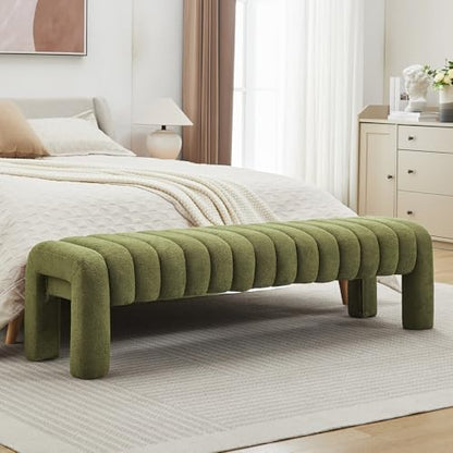 63” Dining Room Bench, Green Tufted Upholstered End of Bed Bench, Modern Entryway Ottoman Window Seat with Solid Wood Legs and Padded Seat for Bedroom, Hallway and Living Room (Boucle) - color: Green Boucle, size: 63"