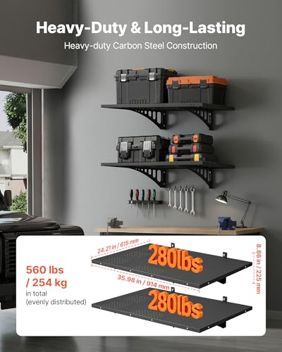 VEVOR 2-Pack Heavy Duty Garage Wall Shelving, 2 x 3 ft Steel Wall Mounted Shelving Unit with Hooks, 24 x 36 Inch Per Shelf Floating Storage Metal Rack for Garage, 500 lbs Total Weight Capacity - size: 2×3 ft
