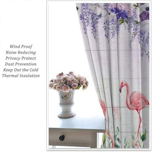 Summer Flamingo Curtain, Purple Violet Wisteria Rose Green Eucalyptus Leaf Window Drapes for Living Room Bedroom Home 42" W X 45" L(No Blackout) - color: Flamingo-7, size: 20.5"W x 45"L (Pack of 2)