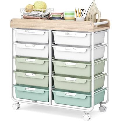 10 Drawer Rolling Storage Cart with Wood Top for Classroom Crafts Green | Easy Setup, Large Capacity, Sturdy Build, Lockable Mobility, For office, classroom and home supplies - color: Green