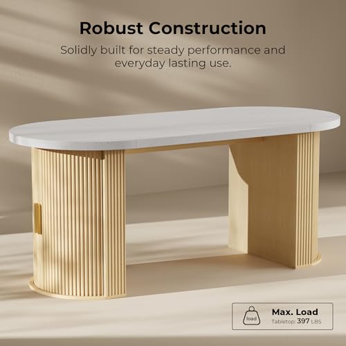 IRONCK 71" Oval Dining Table with Hidden Storage, Oak | Faux quartz-pattern laminate top, dual-sided cabinets, fluted engineered-wood base, and 397 lb capacity. - color: Oak