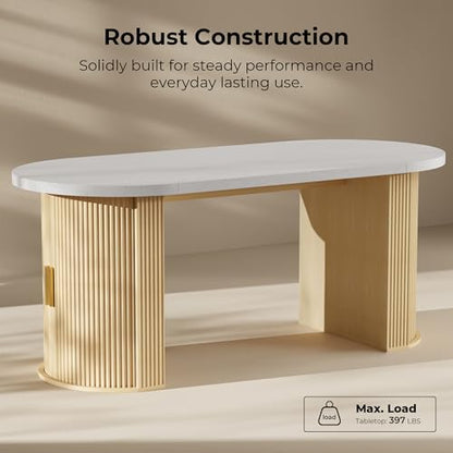 IRONCK 71" Oval Dining Table with Hidden Storage, Oak | Faux quartz-pattern laminate top, dual-sided cabinets, fluted engineered-wood base, and 397 lb capacity. - color: Oak