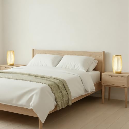 Set of 2 Small Table Lamps, 11" Japandi Bamboo Bedside Lamps with Beige Linen Shades, Boho Nightstand Lamps for Bedroom, Living Room, Dorm Room, Natural - color: Nature