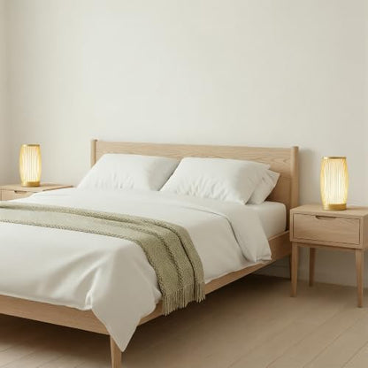 Set of 2 Small Table Lamps, 11" Japandi Bamboo Bedside Lamps with Beige Linen Shades, Boho Nightstand Lamps for Bedroom, Living Room, Dorm Room, Natural - color: Nature