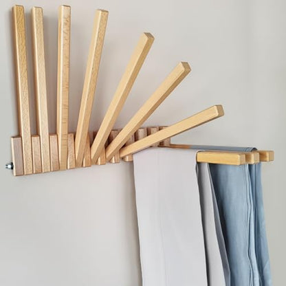 Beech Wood Wall Mounted Drying Rack for Laundry Room with 10 Mount Folding Coat Hooks Racks Drying Hanger for Bathroom Hat Towels Robes Rack Saving Space (Wood Color)