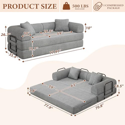 77" Convertible Sofa Bed, Modular Folding Futon Corduroy Floor Foam Compressed Loveseat Sleeper Sofa Couch, Pull Out Queen Size Couch Bed with 2 Pillows for Living Room Guest Room Studio, Light Grey