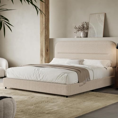 HOMBCK Bed Frame Queen Size, Boucle Upholstered Platform Queen Bed Frame with Headboard, Soft Headboard with Rounded Corners Design, Wood Slats, No Box Spring Required, Easy Assembly, Beige - color: Beige, size: Queen