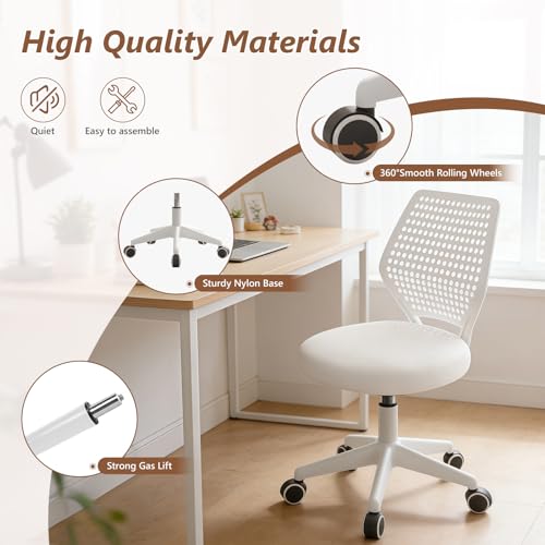 JPBSTO Armless Desk Chair, Height Adjustable Swivel Office Rolling Task Chairs with Soft Mesh Padded Cushion, Ergonomic Small Study Computer Chair - color: Solid White