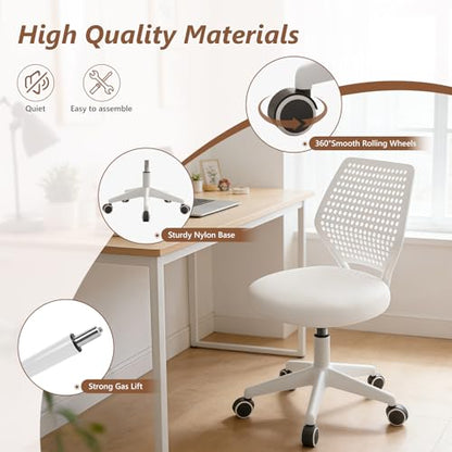 JPBSTO Armless Desk Chair, Height Adjustable Swivel Office Rolling Task Chairs with Soft Mesh Padded Cushion, Ergonomic Small Study Computer Chair - color: Solid White