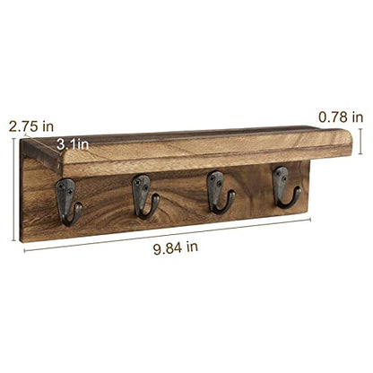 HRONRAD Rustic Key Holder for Wall, Farmhouse Wall Shelf with 4 Hooks, Wall Mounted Key Racks, Wooden Mail Organizer with Hooks for Entryway (Brown) - color: Brown