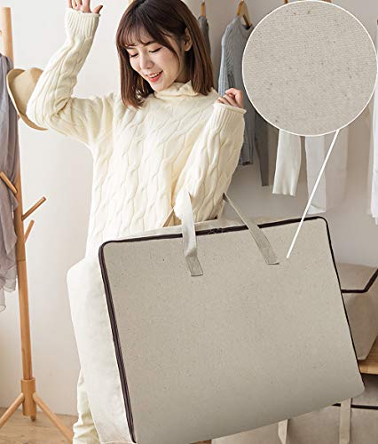 3pcs Cotton Clothes Bedding Storage Organizer Bins with Handles 3-side Zip | Breathable Canvas, Soft Storage Bins, Good for winter Clothes, Sweaters blankets, duvets, pillows Organizer, Beige, washable
