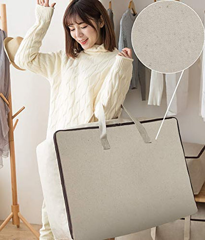 3pcs Cotton Clothes Bedding Storage Organizer Bins with Handles 3-side Zip | Breathable Canvas, Soft Storage Bins, Good for winter Clothes, Sweaters blankets, duvets, pillows Organizer, Beige, washable