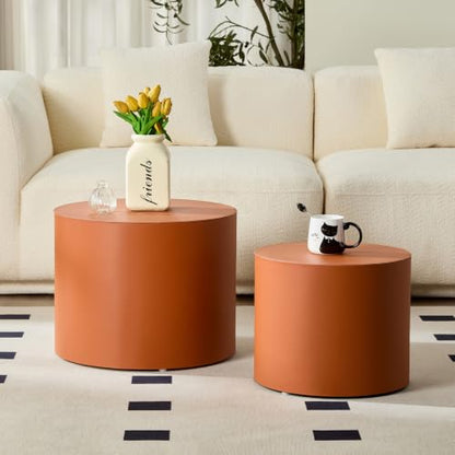 Round Nesting Coffee Table Set of 2 for Living Room, Orange | Saddle Leather Side Tables, 19 in. and 15 in. Accent and End Tables, Wood Frame, 200 lbs Capacity, Bedroom Home Office - color: 19.1" Round Orange