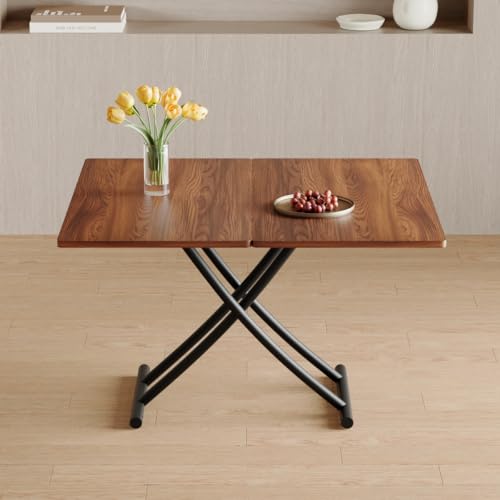 Liftable Folding Dining Table for 4, Adjustable Drop Leaf Table, Folding Coffee Table for Small Spaces, Scratch-Resistant Wood Top with Metal Frame for Apartment Kitchen Living Room - color: Walnut-black