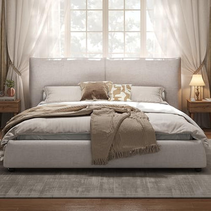 DNYN Upholstered Platform Bed Frame with Thick Pillow-Back Headboard | Linen Fabric Bed| Low-profile Design| No Box Spring Needed| Wooden Slats Support| Easy Assemble| King Size - size: King