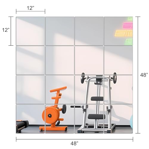 Ruomeng Home Gym Mirrors 12" x 12" x 16Pcs Wall Mounted Mirror Glass Frameless Full Length Mirror Tiles for Home Gym, Bedroom, Door & Bathroom | Workout Mirror Tiles for Garage, Bedroom, Living Room, Over The Door, Frameless Mirror Sets - size: 12"x12"-16