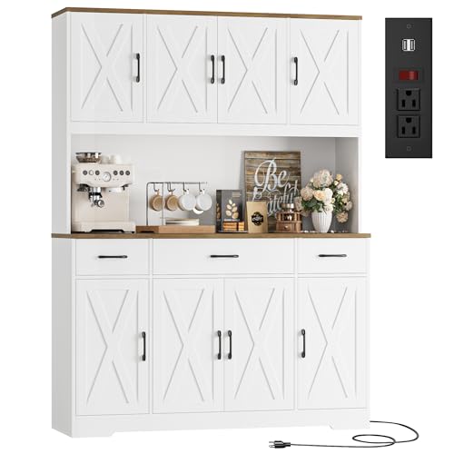 HOSTACK 71" Tall Kitchen Pantry Storage Cabinet, 55" W Kitchen Hutch, White | Large Pantry Cabinet with Charging Station / Countertop / 3 Drawers, Farmhouse Hutch Cabinet with Storage for Dining Room - color: White