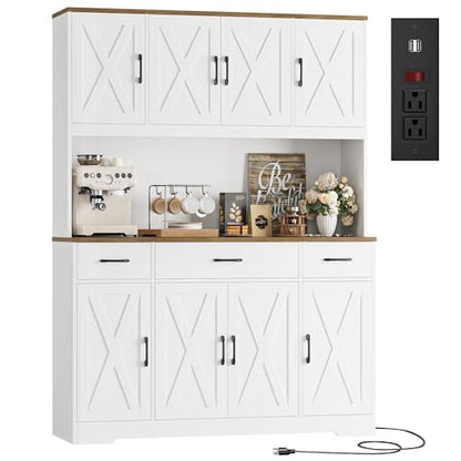 HOSTACK 71" Tall Kitchen Pantry Storage Cabinet, 55" W Kitchen Hutch, White | Large Pantry Cabinet with Charging Station / Countertop / 3 Drawers, Farmhouse Hutch Cabinet with Storage for Dining Room - color: White