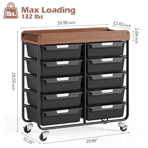 10 Drawers Rolling Cart with Wooden Tabletop, Utility Storage Cart with Wheels, Art Supply Craft Organizer on Wheel with Metal Frame & Handles for Home Office School,Black | Easy Setup, Large Capacity, Sturdy Build, Lockable Mobility, For office, classroo