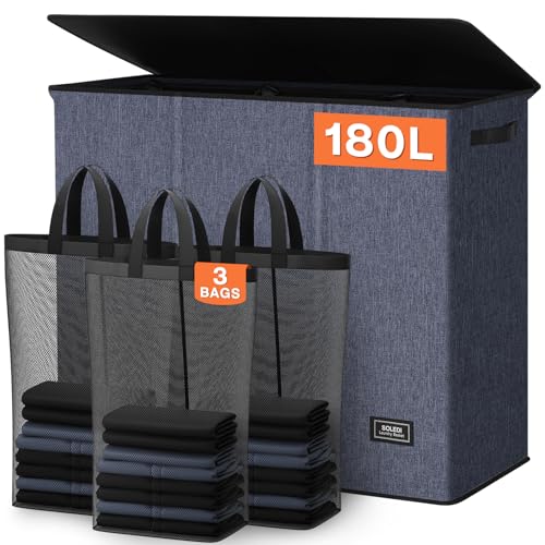 SOLEDI 180L 3-Section Laundry Hamper with Lid, Extra Large Dirty Clothes Basket with Sturdy Handles for Laundry Room & Bedroom - Durable Organizer for Sorting Laundry - color: Navy blue, size: 180L