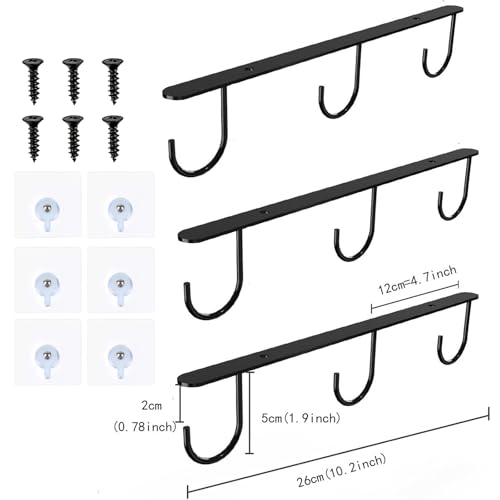 3pcs Under Cabinet Mug Hooks,Adhesive/Screw 2 Ways Install Mug Holder,Coffee Cups Hook with 9 Hooks,Mug Organizion Rack for Displaying Mugs/Cups/Kitchen Utensils (Black) - color: Black