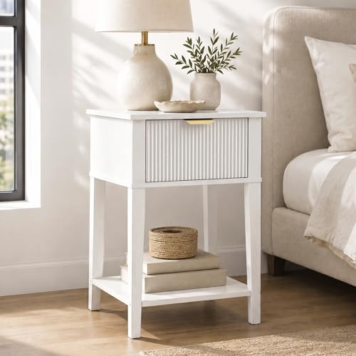 White 15.4" Wide Small Nightstand with Drawer,Open Shelf,Fluted Front | Bright white tone, ribbed fluted front, 11.8-inch slim depth, concealed storage, clean fit for bed, sofa side, or chair side - color: White