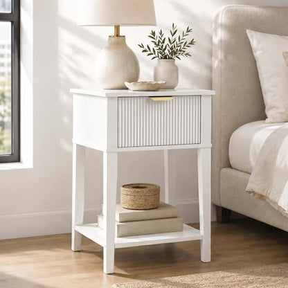White 15.4" Wide Small Nightstand with Drawer,Open Shelf,Fluted Front | Bright white tone, ribbed fluted front, 11.8-inch slim depth, concealed storage, clean fit for bed, sofa side, or chair side - color: White