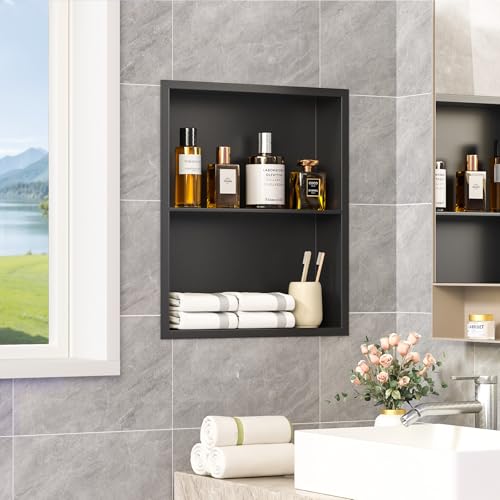 14x18 Recessed Medicine Cabinet, Bathroom Wall Cabinet, 304 Stainless Steel Recessed Wall Niche with 2-Tiers Shelves, Matte Black - color: Matte Black, size: 14'' x 18''