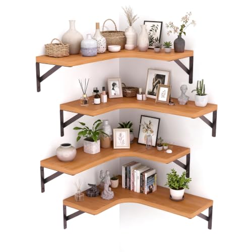 LEOPO Corner Floating Shelves Wall Mounted Set of 4, Corner Wall Shelves | Rustic Wood Storage Display for Home Decor, Bedroom, Living Room, Kitchen, Office, Bathroom, Laundry Room, Reddish Brown - size: Reddish Brown 4-Pack