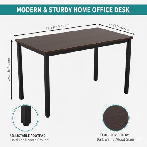 47 inch Large Computer Desk Wood, Modern Simple Style Desk for Home Office, Bedroom, Study Student Writing Desk, Small Spaces, Black Metal Frame, Dark Walnut Top - color: Dark Walnut, size: 47"