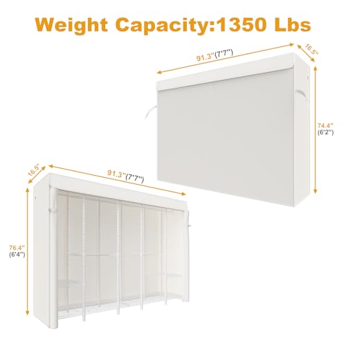 H50C Clothes Rack with Cover, Large Covered Clothing Rack, White | Freestanding Portable Closets for Hanging Clothes, Heavy Duty Garment Racks with Shelves, 91.3 Inches Wide, Max Load 1350 Lbs - color: White Rack with White Cover