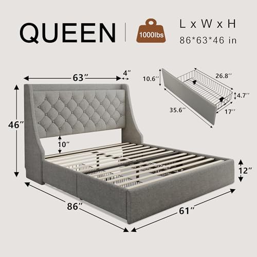 Einhomn Queen Bed Frame with 4 Storage Drawers, Upholstered Bed Frame with Large Wingback Headboard, Charging Station, No Box Spring Needed, Light Grey - color: Light Gray, size: Queen