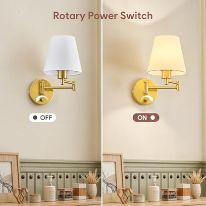 VONLUCE Wall Lamp, Plug in & Swing Arm Wall Sconce, Gold Finish | Modern Wall Lights with White Fabric Shades, Plug in & Hardwired Wall Mounted Light for Bedside, Living Room, Hallway - color: Gold, size: 1 Pack