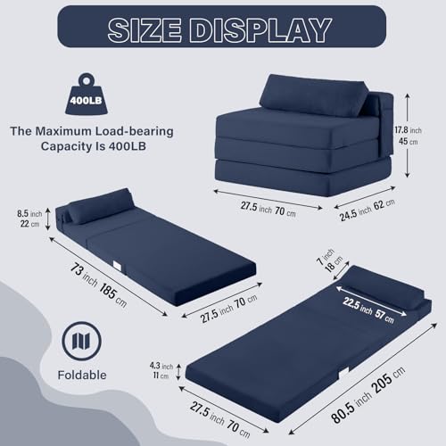 Folding Sofa Bed Chair, 4-Fold Convertible Sleeper Chair with Lumbar Pillow, Washable Cover & Side Pocket, Floor Couch Bed with Raised Seat, Single Size for Small Spaces, Navy - color: Snownylon Navy, size: Single Size